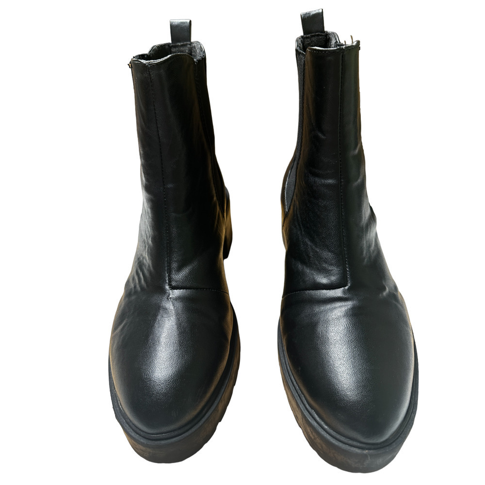 Asos Bootie Womens 8 Black Chelsea Leather Block Heel Lug Sole Round Toe Slip On